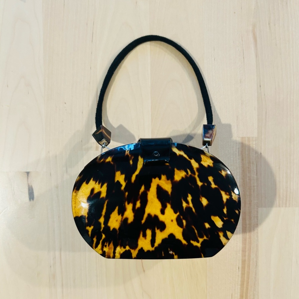 Vintage 1950s Tortoiseshell Lucite Box Handbag - Oval - Black Cord Handle